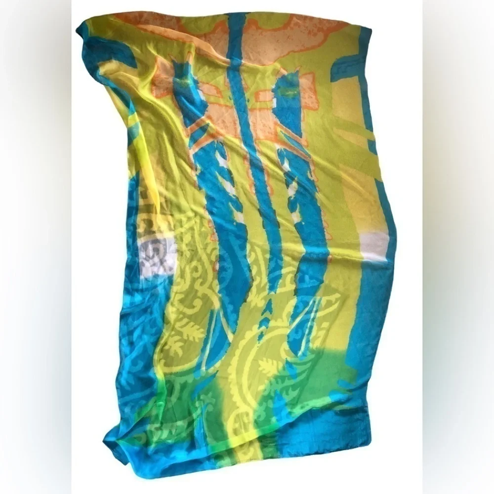 Large Artsy SILK FEEL Turquoise & Yellow Art To Wear Rectangular Scarf 70X42”